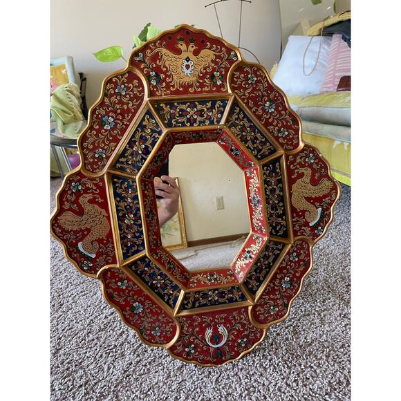 Peruvian Wall Mirror Octagonal Wood Frame Reverse Glass Painting birds flowers - Picture 8 of 16